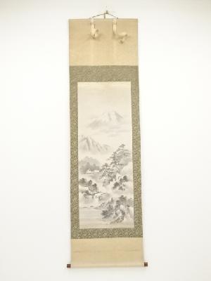 春光筆　水墨山水　肉筆絹本掛軸（共箱）